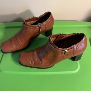 VTG Women Ankle Boots Leather Zip Brown Office Block Heel Booties Comfort Shoes